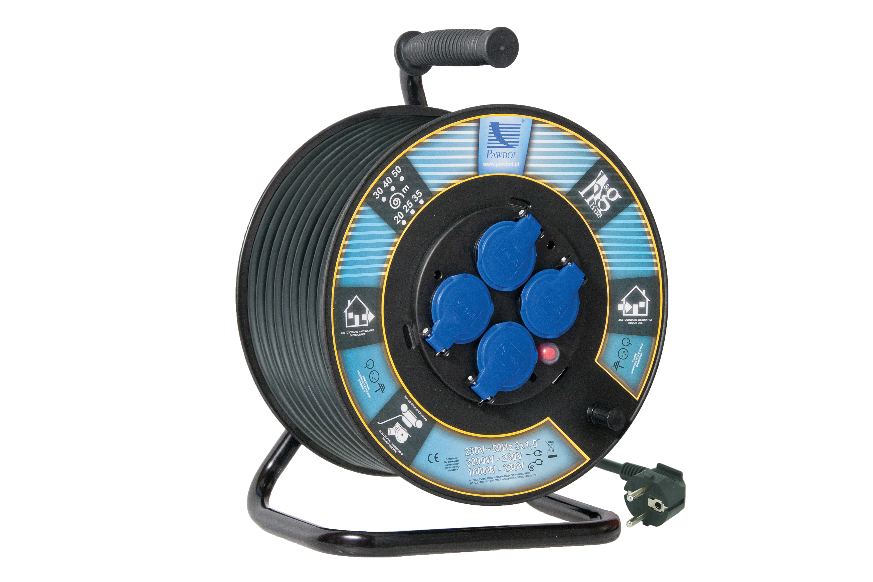 Kabeltrommel mit Kunststofftrommel, ∅300, Leitung H05VV-F 3x1,5mm2 - 25m, 4x250V, 250V, 1x Thermoschutzschalter, schwarz, IP44 – Pawbol